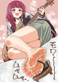 1girl arched_back asikoma7777 bare_legs barefoot bed_sheet black_nails blush bocchi_the_rock! braid braided_ponytail dress fang feet foot_focus footprints full_body geta green_dress guitar hair_over_shoulder highres hiroi_kikuri holding instrument jacket large_variant_set legs looking_at_viewer open_clothes open_jacket open_mouth pink_background purple_eyes purple_hair sandals short_dress single_sandal smell soles solo sound_effects steaming_body toes variant_set