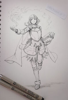 1girl alternate_costume armor art_tools_in_frame book cape casting_spell chainmail closed_mouth commentary english_commentary fire_emblem fire_emblem:_the_sacred_stones graphite_(medium) greaves greyscale highres holding holding_book inktober kazuko_(towa) long_hair lute_(fire_emblem) monochrome nintendo photo_(medium) smile solo traditional_media