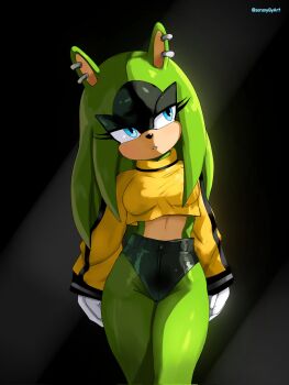 1girl animal_ears artist_name black_fur blue_eyes breasts commentary cropped_shirt earrings english_commentary furry furry_female gloves green_fur green_hair hair_down highleg_shorts highres jewelry large_breasts legs long_sleeves midriff multiple_earrings navel sonic_(series) sonic_the_hedgehog_(idw) soranygyart surge_the_tenrec tenrec_girl thighs white_gloves