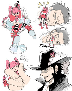 ... 1boy 1girl anger_vein angry artist_request black_hair boots breasts cup dracule_mihawk drinking_glass eyes_visible_through_hair facial_hair hat highres long_hair looking_at_another lying mini_person minigirl mustache navel one_piece open_mouth perona pink_hair red_skirt sequential short_hair skirt thighhighs twintails very_long_hair wine_glass