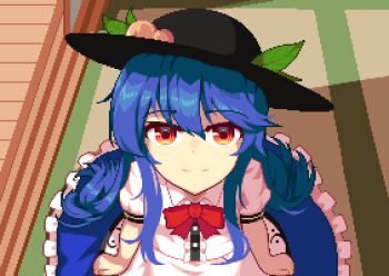 1boy 1girl animated animated_gif bar_censor black_headwear blue_hair blue_skirt blush bow bowtie buttons censored center_frills clothed_female_nude_male commentary_request cum cum_in_mouth cum_on_body cum_on_hands facial fellatio food frilled_skirt frills fruit full_body gokkun head_tilt hetero hinanawi_tenshi hurumero indoors irrumatio leaf licking licking_penis long_hair looking_at_viewer nude oral peach penis pixel_art pov red_bow red_bowtie red_eyes short_sleeves skirt swallowing tongue tongue_out touhou