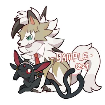 Rule 34 | alternate color, alternate shiny pokemon, animal focus, black cat, cat, chinese commentary, clothed pokemon, colored sclera, commentary request, commission, erjiusanshi, espeon, forked tail, gen 2 pokemon, gen 7 pokemon, green eyes, highres, lycanroc, lycanroc (midday), necktie, nintendo, no humans, one eye closed, original, pokemon, pokemon (creature), pokemon focus, red necktie, red sclera, sample watermark, simple background, sitting, tail, watermark, white eyes, wolf