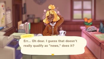 Rule 34 | 1girl, animal crossing, animal crossing: new horizons, animal ears, blacktober, blonde hair, dog girl, hair ornament, highres, humanization, isabelle (animal crossing), k.k. slider (animal crossing), littlebinkbonk, looking at viewer, nintendo, open mouth, shirt, short hair, smile, solo, topknot