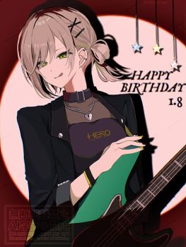 1girl bass_guitar black_nails choker closed_mouth commentary_request dated ear_piercing find_the_dream_view_(project_sekai) fingernails green_eyes green_hair green_nails grey_hair hair_ornament hair_up hairpin happy_birthday hinomori_shiho instrument jacket jewelry nail_polish necklace official_alternate_costume official_alternate_hairstyle open_clothes open_jacket piercing project_sekai solo star_(symbol) three-quarter_sleeves tongue tongue_out tsukemononingen upper_body watermark