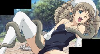 blue_hair brown_hair drill_hair dwarf earrings gauntlets hairband highres jewelry pointy_ears queen&#039;s_blade snake swimsuit ymir_(queen&#039;s_blade)