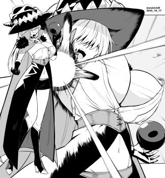 Rule 34 | 1girl, artist name, breasts, cleavage, commentary request, dated, energy beam, flying button, gloves, grey background, greyscale, hair over eyes, hat, highres, kichihachi, large breasts, miniskirt, monochrome, navel, open mouth, original, popped button, sharp teeth, skirt, standing, teeth, two-tone background, upper teeth only, white background, wizard hat