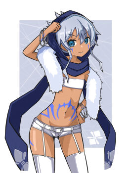 1girl belt belt_buckle blue_eyes blue_scarf blue_tattoo border buckle closed_mouth dark_skin flat_chest fur_(clothing) fur_shawl grey_hair hair_between_eyes hand_up highres liliane_(majo_to_hyakkihei) long_hair looking_at_viewer majo_to_hyakkihei micro_shorts navel outside_border scarf shawl shorts smile solo suaman tattoo thighhighs v-shaped_eyebrows white_belt white_border white_thighhighs