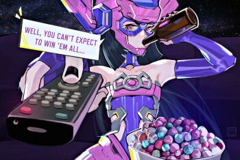 1girl alcohol anomarasu armpits beer beer_bottle black_hair black_nails bowl commentary controller drinking elbow_gloves english_commentary english_text fingerless_gloves galacta gloves helmet highres holding holding_remote_control long_hair man_watching_tv_(meme) marvel marvel_rivals meme multicolored_helmet pink_eyes pink_helmet planet purple_gloves purple_helmet remote_control solo space speech_bubble