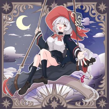 absurdres ankle_socks blue_archive border bow bowtie braid card card_background cloud earrings eri_(blue_archive) gun halo hat highres holding_strap jacket jewelry kakuhitsu_no_kosoado_vx long_coat long_hair moon night one_eye_closed orange_eyes outstretched_hand riding ring shirt shoes skirt sky sleeves_past_wrists socks star_(sky) strap sweater thighs weapon white_hair wink witch_hat
