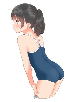 1girl artist_name ass bare_shoulders black_hair blush competition_school_swimsuit cropped_legs dated expressionless from_behind from_side grey_eyes hand_on_own_thigh leaning_forward loli looking_ahead one-piece_swimsuit original ponytail retsumaru school_swimsuit short_hair sidelocks signature simple_background solo swimsuit thighs white_background