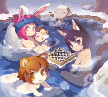 1boy 2girls animal_ears artistic_error ass bad_id bad_pixiv_id bath bear_ears bear_girl black_hair blush_stickers board_game brown_hair cat_ears cat_tail chess flat_chest hugging_own_legs indian_style jairou kuma-tan kumatanchi mixed-sex_bathing monkey multiple_girls neko-kun nose_bubble nude onsen pink_hair playing_games rabbit_ears rabi-tan red_eyes shared_bathing sitting snow steam tail towel towel_on_head water