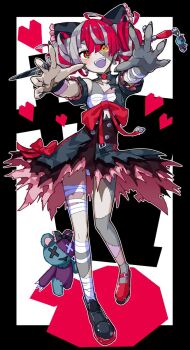 Rule 34 | 1girl, ahoge, asymmetrical footwear, bandaged leg, bandages, black nails, bow, chest sarashi, colored skin, commentary request, double bun, dress, grey skin, hair bow, hair bun, heart, heterochromia, hololive, hololive indonesia, kureiji ollie, kureiji ollie (1st costume), mismatched footwear, munehiro (mune-hero), patchwork skin, red hair, sarashi, sword, symbol-shaped pupils, torn clothes, torn dress, udin (kureiji ollie), virtual youtuber, weapon