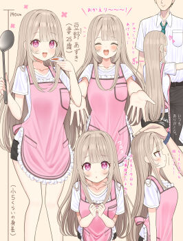 1boy 1girl absurdres apron black_pants black_shorts blonde_hair blush breasts closed_eyes closed_mouth commentary_request fish headpat height_difference highres holding holding_ladle ladle long_hair looking_at_viewer mizukoshi_(marumi) necktie open_mouth original pants pink_apron pink_eyes purple_eyes shirt short_sleeves shorts smile white_shirt