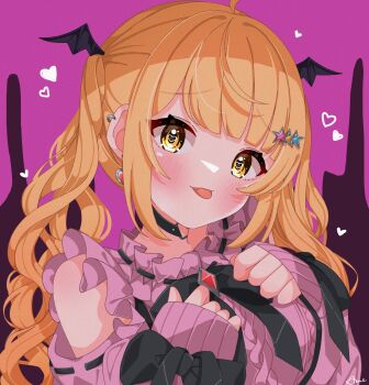 1girl :p ahoge aran_sweater black_bow black_bowtie black_choker blonde_hair blush bow bowtie brooch cable_knit choker clothing_cutout ear_piercing earrings frilled_sweater hair_ornament hairclip hands_on_own_chest head_wings heart heart-shaped_pupils heart_earrings heart_o-ring highres hololive hoshizora_ame jewelry jirai_kei long_hair long_sleeves looking_at_viewer o-ring o-ring_choker official_alternate_costume official_alternate_hair_length official_alternate_hairstyle piercing pink_background pink_sweater shoulder_cutout signature solo star_(symbol) star_hair_ornament sweater symbol-shaped_pupils tongue tongue_out twintails upper_body virtual_youtuber wavy_hair wings yellow_eyes yozora_mel yozora_mel_(jirai_kei)