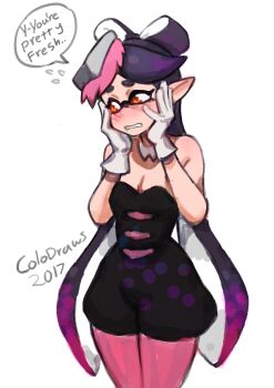 +_+ 1girl absurdres blush callie_(splatoon) callie_(squid_sisters_outfit)_(splatoon) colo_(nagrolaz) detached_collar fangs food food_on_head hands_on_own_cheeks hands_on_own_face highres inkling mole mole_under_eye nintendo object_on_head pantyhose pointy_ears short_jumpsuit splatoon_(series) splatoon_1 squid sushi tentacle_hair unitard