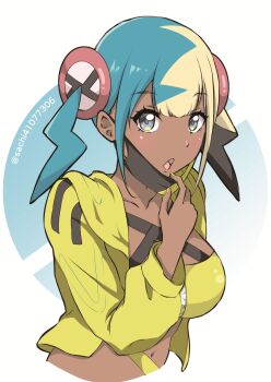 1girl alternate_breast_size_(larger) aqua_hair bandeau black_mask blonde_hair blue_eyes blush breasts canari_(pokemon) cleavage commentary_request criss-cross_straps dark-skinned_female dark_skin english_text fake_hair_bun jacket large_breasts long_sleeves looking_at_viewer mask mask_pull mouth_mask multicolored_hair navel nintendo open_mouth pants pokemon pokemon_legends:_z-a sachi_(vyk1319) short_twintails simple_background solo split-color_hair sports_bra stomach tan twintails twitter_username two-tone_hair two-tone_mask yellow_bandeau yellow_jacket yellow_mask yellow_sports_bra
