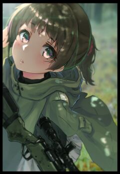 1girl black_border blush bolt_action border brown_hair dappled_sunlight female_focus gun hand_on_own_head headset highres looking_at_viewer looking_up military oota_youjo original poncho ponytail purple_eyes rifle scope scrunchie short_ponytail sniper sniper_rifle solo sunlight weapon