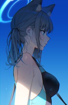 1girl absurdres animal_ear_fluff animal_ears ayoni_623 blue_archive blue_eyes blue_sky breasts commentary covered_erect_nipples ear_piercing extra_ears grey_hair halo highres looking_ahead medium_breasts official_alternate_costume one-piece_swimsuit piercing ponytail shiroko_(blue_archive) shiroko_(swimsuit)_(blue_archive) sky solo swimsuit symbol-only_commentary upper_body wet wet_hair wolf_ears