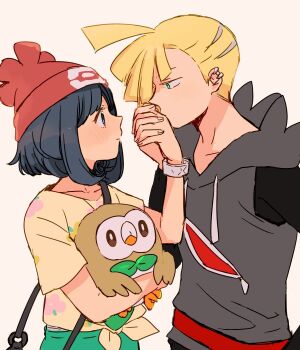 1boy 1girl beanie ear_piercing floral_print gen_7_pokemon gladion_(pokemon) hair_over_one_eye hat hetero highres hinata_(ryohinata) holding holding_hands holding_pokemon hood hooded_vest hoodie kiss kissing_hand nintendo piercing poke_ball_theme pokemon pokemon_(creature) pokemon_sm red_hat rowlet selene_(pokemon) shirt tied_shirt vest yellow_shirt