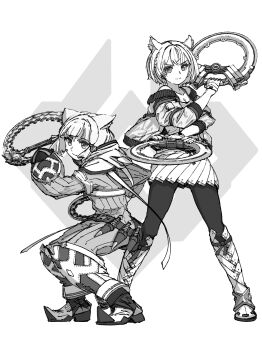 2girls animal_ear_fluff animal_ears boots cat_ears cat_girl chakram chin_bell closed_mouth commentary_request dual_wielding greyscale highres holding holding_weapon jacket jumpsuit looking_at_viewer mio_(xenoblade) monochrome multiple_girls nia_(xenoblade) open_clothes open_jacket pantyhose pleated_skirt skirt smile standing weapon xenoblade_chronicles_(series) xenoblade_chronicles_2 xenoblade_chronicles_3