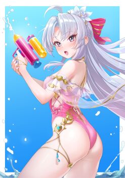 Rule 34 | 1girl, ahoge, anarchyart, aqua eyes, ass, bow, breasts, carlotta (splashing summer) (wuthering waves), carlotta (wuthering waves), commentary request, cowboy shot, facing viewer, flower, frilled one-piece swimsuit, frills, from side, grey hair, hair bow, hair flower, hair ornament, half updo, highleg, highleg one-piece swimsuit, highres, holding, holding water gun, long hair, looking to the side, nail polish, off-shoulder one-piece swimsuit, off shoulder, official alternate costume, one-piece swimsuit, open mouth, parted bangs, pink nails, pink one-piece swimsuit, red bow, small breasts, solo, striped bow, swimsuit, twitter username, water gun, white flower, wuthering waves