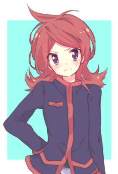 00s 1boy androgynous blush hand_on_own_hip long_hair male_focus nakamura_sandayo nintendo pokemon pokemon_hgss purple_eyes red_hair silver_(pokemon) solo standing sweat