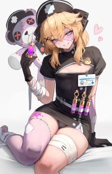 1boy absurdres areola_slip bandaged_arm bandages black_gloves black_shirt blonde_hair blue_eyes bridget_(guilty_gear) gloves grey_background guilty_gear hakusyokuto halloween highres looking_at_viewer male_focus nurse scar scar_on_face shirt simple_background smile stuffed_animal stuffed_toy syringe teddy_bear thighs zombie