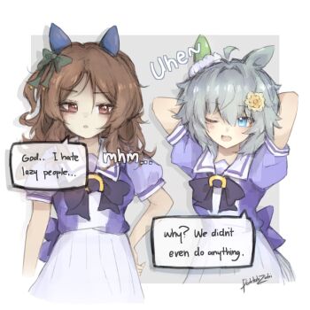 Rule 34 | 2girls, animal ears, arms behind head, blue eyes, blush, bow, bowtie, breasts, brown hair, doktahzaki, ear bow, ear covers, ear ribbon, english text, flower, green bow, grey hair, hair between eyes, hair flower, hair ornament, hairclip, highres, horse ears, horse girl, horse tail, king halo (umamusume), long hair, looking at viewer, multiple girls, one eye closed, open mouth, pleated skirt, puffy short sleeves, puffy sleeves, purple bow, purple bowtie, purple shirt, sailor collar, sailor shirt, school uniform, seiun sky (umamusume), shirt, short hair, short sleeves, single ear cover, skirt, smile, speech bubble, sunflower, sunflower hair ornament, tail, tracen school uniform, umamusume, white sailor collar, white skirt