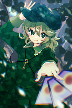 Rule 34 | 1girl, arm up, between fingers, black hat, blush, camouflage, camouflage hat, camouflage shirt, camouflage skirt, card, card between fingers, closed mouth, commentary request, flat cap, foreshortening, frilled shirt collar, frills, green eyes, green hair, green shirt, green skirt, hair between eyes, hat, highres, holding, holding card, katsuragi atori, key, long sleeves, looking at viewer, medium hair, outstretched arm, plant, shirt, skirt, smile, solo, touhou, twitter username, yamashiro takane