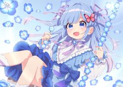 Rule 34 | 1girl, :d, blue bow, blue dress, blue eyes, blue hair, blush, bow, butterfly hair ornament, dress, floral background, flower, flower swing, frilled dress, frills, gradient hair, hair ornament, hair ribbon, holding, indie virtual youtuber, long hair, looking at viewer, mamyouda, multicolored hair, open mouth, purple hair, purple ribbon, ribbon, rurino nemo, sitting, smile, socks, solo, swing, two side up, virtual youtuber, white socks