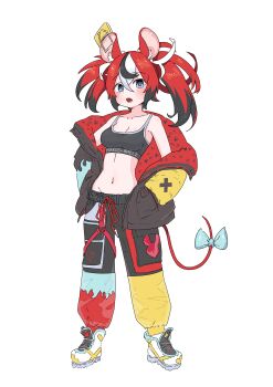 1girl absurdres alternate_costume animal_ear_fluff animal_ears black_hair black_jacket black_pants black_sports_bra blue_bow blue_eyes blush bow breasts character_name cleavage clothes_writing collarbone commentary full_body hair_between_eyes hair_ribbon hakos_baelz hands_in_pockets highres hololive hololive_english jacket long_hair mouse_ears mouse_girl mouse_tail mousetrap multicolored_hair navel off_shoulder open_clothes open_jacket open_mouth pants red_hair ribbon sharp_teeth shoes simple_background snowmya solo sports_bra standing stomach sweatpants tail tail_bow tail_ornament teeth twintails virtual_youtuber white_background white_ribbon white_shoes