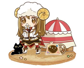 1girl black_cat black_necktie blazer blush boots brown_eyes brown_hair brown_skirt cape cat chibi chibi_only collared_shirt commentary_request flower flower_in_mouth full_body genetic_(ragnarok_online) hat jacket long_hair looking_at_viewer miniskirt necktie official_alternate_costume pochiko_(poteko) pullcart ragnarok_online red_cape red_shirt red_thighhighs sheep_hat shirt simple_background skirt slime_(creature) solo standing thighhighs transparent_background vanilmirth_(ragnarok_online) white_boots white_flower white_hat white_jacket