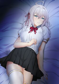 1girl absurdres ahoge alisa_mikhailovna_kujou bed_sheet black_skirt blue_eyes blush breasts collared_shirt commentary_request grey_hair hair_ribbon highres long_hair looking_at_viewer lying neck_ribbon on_back on_bed onigirikun panties pantyshot red_ribbon ribbon school_uniform shirt short_sleeves skirt solo stomach thighhighs thighs tokidoki_bosotto_roshia-go_de_dereru_tonari_no_alya-san underwear white_panties white_shirt white_thighhighs