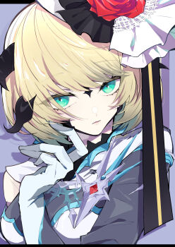 1girl absurdres au_ra black_horns black_ribbon blonde_hair blue_eyes commentary_request commission final_fantasy final_fantasy_xiv flower gloves highres horns looking_at_viewer nekoma_hikaru parted_lips pixiv_commission red_flower red_rose ribbon rose short_hair solo upper_body warrior_of_light_(ff14) white_gloves