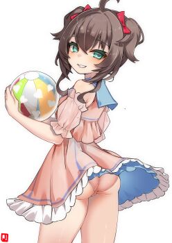 1girl :d absurdres ahoge aqua_eyes ass ball beachball bikini bikini_under_clothes blue_sailor_collar bow brown_hair commentary detached_sleeves dress frilled_bikini frilled_sleeves frills from_behind grin hair_between_eyes hair_bow highres holding holding_ball holding_beachball hololive johnny_(braun-kan_cafe) looking_at_viewer looking_back medium_hair natsuiro_matsuri natsuiro_matsuri_(holonatsu_paradise) official_alternate_costume open_mouth pink_bikini pink_dress puffy_detached_sleeves puffy_short_sleeves puffy_sleeves sailor_collar short_sleeves sidelocks simple_background sleeveless sleeveless_dress smile swimsuit two_side_up virtual_youtuber white_background