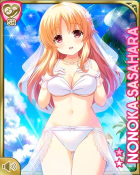 Rule 34 | 1girl, bare shoulders, bikini, blonde hair, blush, bow, breasts, bridal veil, character name, cleavage, flower, frilled bikini, frills, girlfriend (kari), gloves, hair flower, hair ornament, large breasts, light brown hair, light smile, long hair, looking at viewer, navel, ocean, open mouth, qp:flapper, red eyes, sasahara nonoka, skirt, standing, swimsuit, veil, white bikini, white bow, white gloves