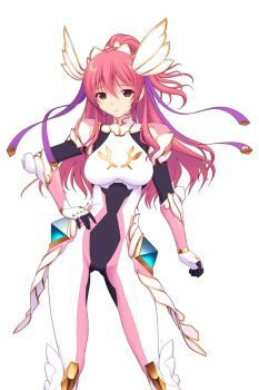 1girl armor bodysuit breasts contrapposto en_ciel_rena en_ciel_rena_(aegis) game_cg gloves gluteal_fold hair_ornament hair_ribbon hand_on_own_hip high_ponytail kourin_tenshi_en_ciel_rena large_variant_set long_hair looking_at_viewer magical_girl non-web_source official_art pink_hair ponytail red_eyes red_hair ribbon saitou_natsuki solo standing suhamaya tomoe_rena transparent_background variant_set