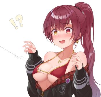 !? 1girl bikini black_jacket blush breasts collarbone fang hands_up heart heart_necklace heterochromia highres hololive hook houshou_marine houshou_marine_(summer) jacket jewelry long_hair long_sleeves medium_breasts necklace open_mouth ponytail red_bikini red_eyes red_hair shiunnkaku skin_fang swimsuit upper_body virtual_youtuber white_background yellow_eyes