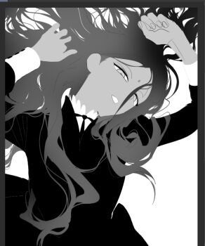1girl bindi dark-skinned_female dark_skin dress floating_hair greyscale gundam gundam_gquuuuuux hair_down lalah_sune long_sleeves looking_at_viewer monochrome open_mouth sakanaokashi simple_background smile solo unfinished white_background