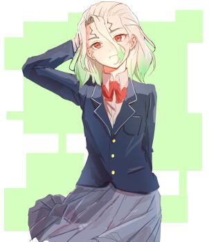 1girl alternate_costume arm_behind_back arm_up blazer blue_jacket bow bowtie closed_mouth collared_shirt cowboy_shot crossdressing dr._stone dress_shirt eerika1114 frown genderswap genderswap_(mtf) gradient_hair green_background green_hair grey_skirt hair_between_eyes highres ishigami_senkuu jacket long_sleeves male_focus medium_hair multicolored_hair pleated_skirt pocket red_bow red_bowtie red_eyes school_uniform shirt skirt solo two-tone_hair white_hair white_shirt