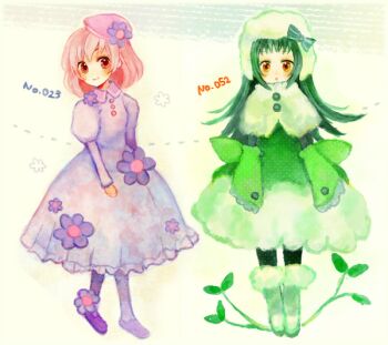 10s 2girls blush boots bow cottonee dress flower gen_5_pokemon green_hair hat leaf long_hair long_sleeves moemon multiple_girls munna nintendo open_mouth orange_eyes personification pink_eyes pink_hair plant pokemon pokemon_bw shawl short_hair sleeves_past_wrists smile vines