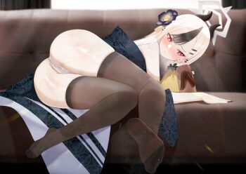 1girl absurdres ass blue_archive blush couch feet geta highres kayoko_(blue_archive) long_hair lying on_side panties red_eyes see-through_clothes see-through_legwear shoes single_shoe soles steam sweat thighhighs toes underwear ursica white_hair