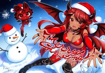 Rule 34 | 1girl, absurdres, artist name, black boots, black choker, black horns, black nails, boots, breasts, carrot, choker, cleavage, commentary, cypress (vtuber), dark-skinned female, dark skin, detached sleeves, eckert&amp;eich, english commentary, fang, fishnet thighhighs, fishnets, fur-trimmed headwear, fur trim, hat, heart, highres, horns, indie virtual youtuber, jewelry, knee boots, long hair, merry christmas, mismatched thighhighs, open mouth, pointy ears, red eyes, red hair, red hat, red skirt, red sleeves, ring, santa hat, second-party source, skin fang, skirt, snow, snowflakes, snowman, spiked choker, spikes, thighhighs, virtual youtuber, wings