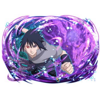 Rule 34 | 1boy, aura, black hair, black pants, grey jacket, heterochromia, holding, jacket, naruto (series), naruto shippuuden: ultimate ninja blazing, official art, pants, purple eyes, red eyes, rinnegan, sandals, sharingan, short hair, short sleeves, solo, susanoo (naruto), sword, uchiha sasuke, weapon