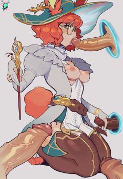 1girl absurdres animal_ears aurora_(league_of_legends) between_breasts blue_eyes breasts breasts_out clothes_between_breasts fellatio freckles glasses glory_hole handjob hat highres holding holding_wand league_of_legends magic nipples oral orange_hair portal_(object) precum rabbit_ears rabbit_girl rabbit_tail rechiru round_eyewear seiza short_hair sitting tail through_portal wand white_background witch_hat