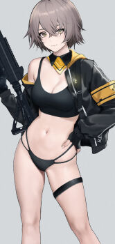 1girl absurdres bikini black_bikini black_jacket breasts girls'_frontline girls'_frontline_2:_exilium gun highres jacket leva_(girls'_frontline_2) navel official_alternate_hair_length official_alternate_hairstyle open_clothes open_jacket reference_sheet scar scar_across_eye scar_on_face short_hair shuten_(project_sky) small_breasts solo submachine_gun swimsuit ump45_(girls'_frontline) weapon