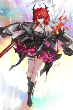 Rule 34 | 1girl, absurdres, arknights, arknights: endfield, bare shoulders, black boots, black dress, black gloves, black horns, boots, breasts, chinese commentary, cleavage, closed mouth, commentary request, dated, dress, fire, full body, gloves, hair between eyes, hair intakes, highres, horns, knee boots, laevatain (arknights), layered dress, long hair, magic, medium breasts, pink dress, purple eyes, pyrokinesis, red hair, solo, standing, surtr (arknights), thigh strap, torn clothes, torn dress, yitai zhi meng