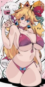 Rule 34 | 1girl, ? block, absurdres, bikini, blonde hair, blue eyes, boo (mario), breasts, cowboy shot, crown, earrings, front-tie bikini top, front-tie top, hat, highres, holding, holding mushroom, jewelry, kinakomochi (user vedc2333), large breasts, long hair, looking at viewer, mario (series), mushroom, nintendo, pink bikini, piranha plant, princess peach, smile, sphere earrings, super mushroom, super star (mario), swimsuit, unworn hat, unworn headwear