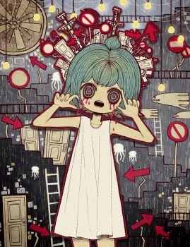 Rule 34 | 1girl, @ @, ahoge, arrow (symbol), black eyes, blood, bloody tears, blue hair, collarbone, door, dress, eleanor (ohmyeleanor), hands up, highres, index finger raised, jellyfish, ladder, light, light bulb, long dress, no entry sign, no symbol, open mouth, outline, paper, power lines, red outline, road sign, short hair, sidelocks, sign, sleeveless, sleeveless dress, soko ni wa mata meikyuu (kikuohana), solo, teeth, transmission tower, white dress