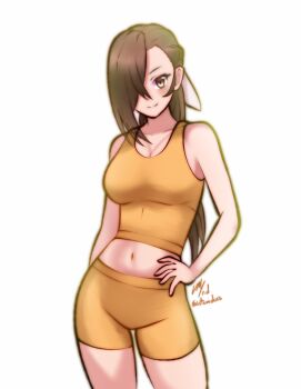 1girl alternate_costume bare_arms bare_shoulders breasts cleavage collarbone commission crop_top fire_emblem fire_emblem_fates hair_over_one_eye hand_on_own_hip kagero_(fire_emblem) ko-fi_commission large_breasts long_hair looking_at_viewer midriff navel nintendo one_eye_covered ponytail rotomdocs smile solo sportswear standing very_long_hair white_background